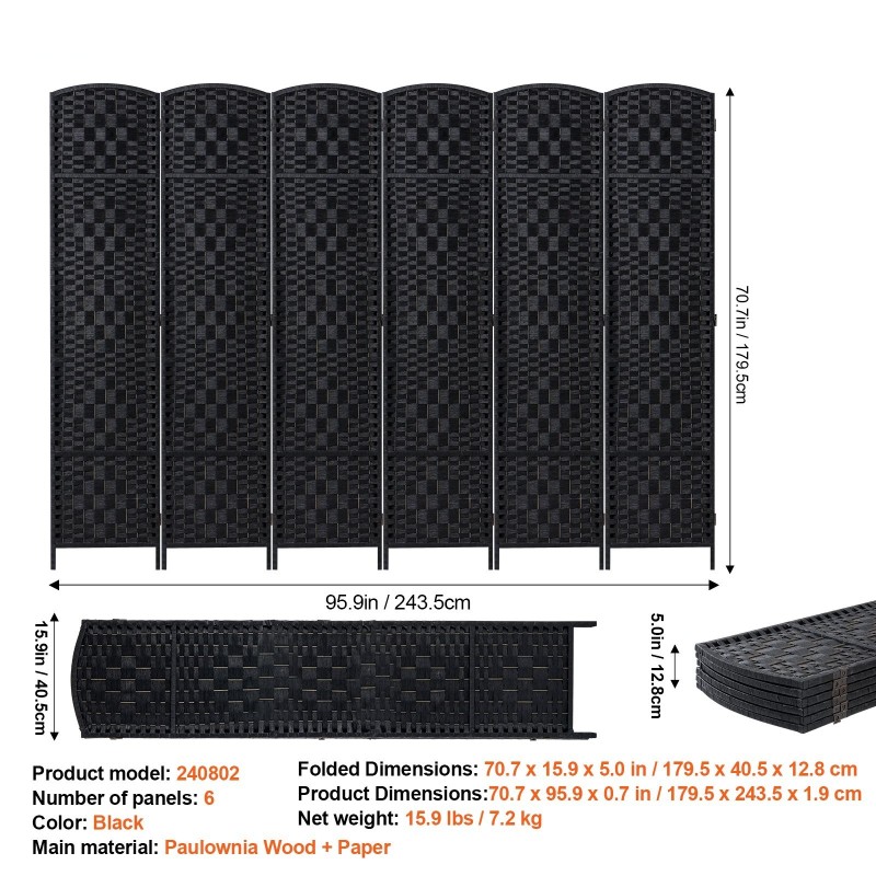 6-paneelinen taitettava tilanjakaja keisaripuurunko käsinkudottu paperirottinki musta