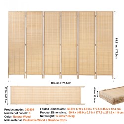 6-paneelinen tilanjakaja paulownia-puurungolla ja käsin punotuilla bambuliuskoilla taitettava