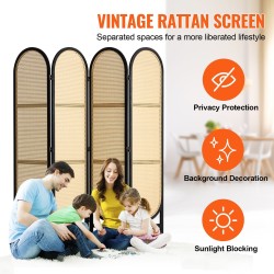 4-paneelinen taittuva huoneenjakaja käsin punottu rottinki paulownia-puurunko musta ruskea