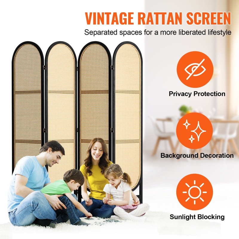 4-paneelinen taittuva huoneenjakaja käsin punottu rottinki paulownia-puurunko musta ruskea