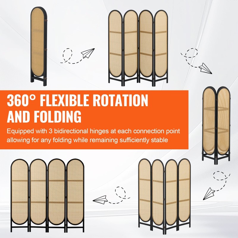 4-paneelinen taittuva huoneenjakaja käsin punottu rottinki paulownia-puurunko musta ruskea