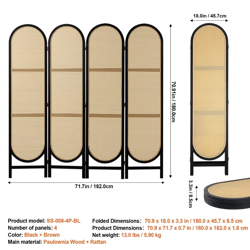 4-paneelinen taittuva huoneenjakaja käsin punottu rottinki paulownia-puurunko musta ruskea