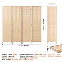 Tilanjakaja nelipaneelinen bambusta kudottu keisaripuu puurunko 1775x1812 mm