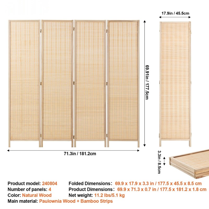 Tilanjakaja nelipaneelinen bambusta kudottu keisaripuu puurunko 1775x1812 mm