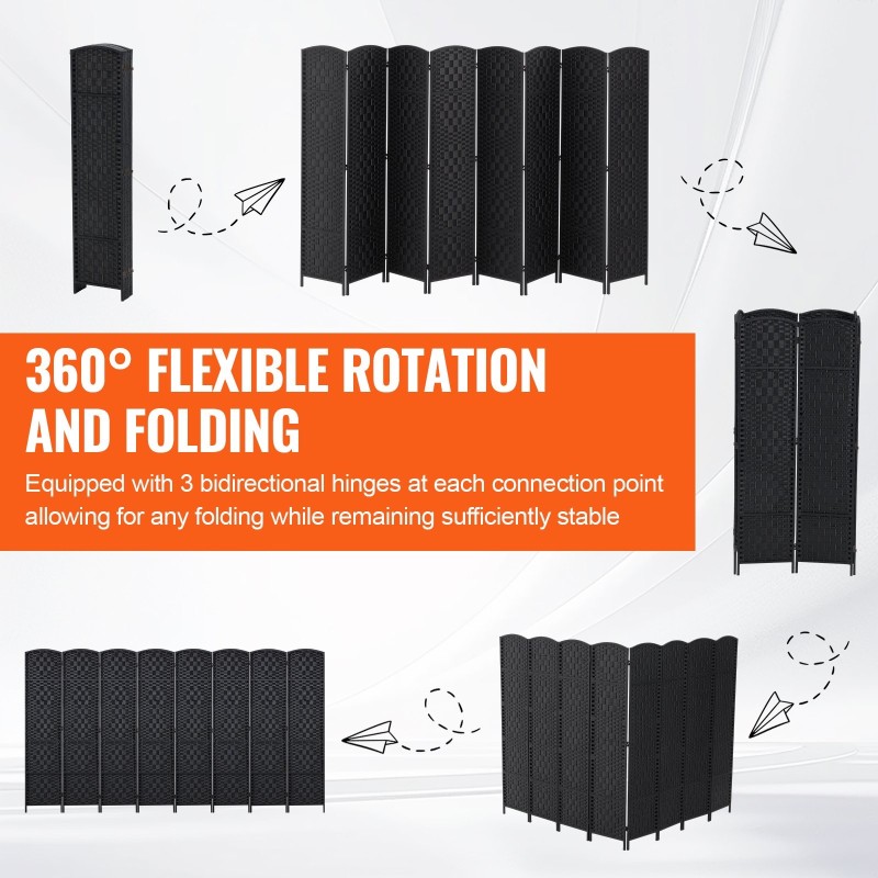 Huoneenjakaja 8 paneelia taitettava paulownia-puinen runko paperirotting-pinta musta