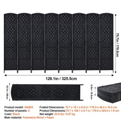 Huoneenjakaja 8 paneelia taitettava paulownia-puinen runko paperirotting-pinta musta