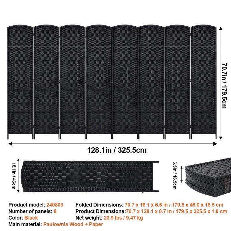 Huoneenjakaja 8 paneelia taitettava paulownia-puinen runko paperirotting-pinta musta