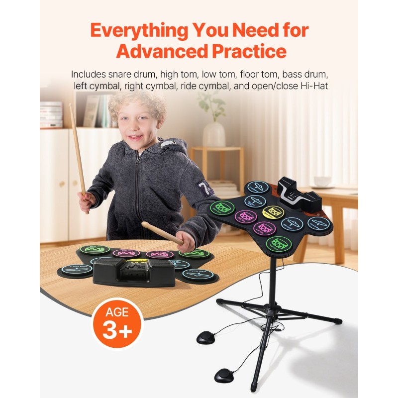 Sähköinen silikoninen rumpusetti 9 rumpualuetta 2 jalkapoljinta ladattava akku