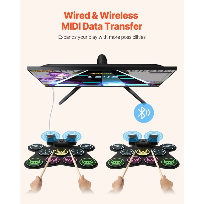 Sähköinen silikoninen rumpusetti 9 rumpualuetta 2 jalkapoljinta ladattava akku