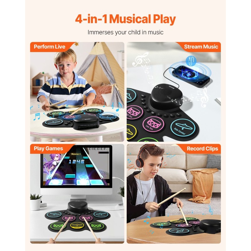 Sähköinen rumpusetti 7 padia 2 jalkapoljinta silikonipintainen ladattavalla akulla