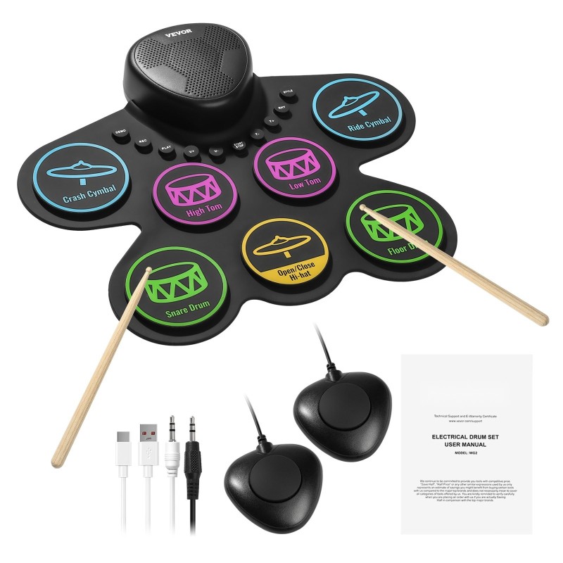 Sähköinen rumpusetti 7 padia 2 jalkapoljinta silikonipintainen ladattavalla akulla