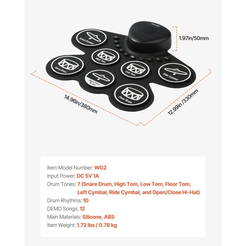 Rullattava sähkörumpumatto seitsemän rumpualuetta silikonipinnat kaksi jalkapedaalia ladattava akku