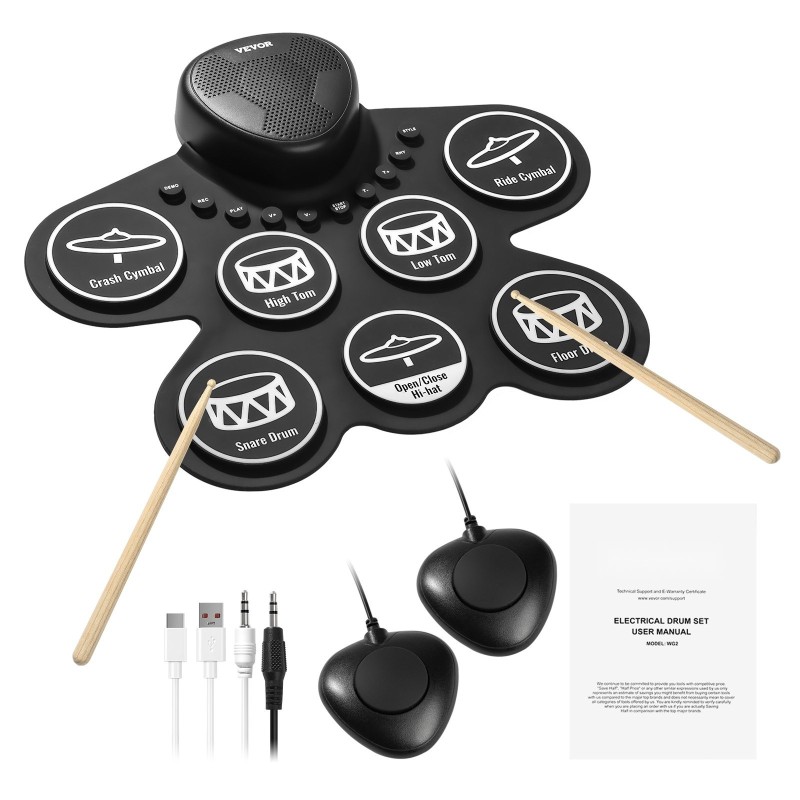 Rullattava sähkörumpumatto seitsemän rumpualuetta silikonipinnat kaksi jalkapedaalia ladattava akku