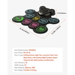 Sähköinen silikonirumpumatto 9-alueinen 2 jalkapoljinta ladattava akku MIDI-liitäntä kuulokeliitäntä