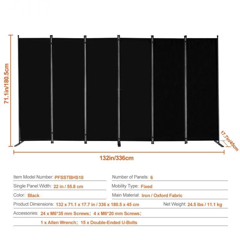 6-paneelinen huoneenjakaja rautarunko Oxford-kangas taitettava musta tilanjakoon