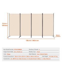 Tilanjakaja 4 paneelia Oxford kangas rautarunko taittuva beige