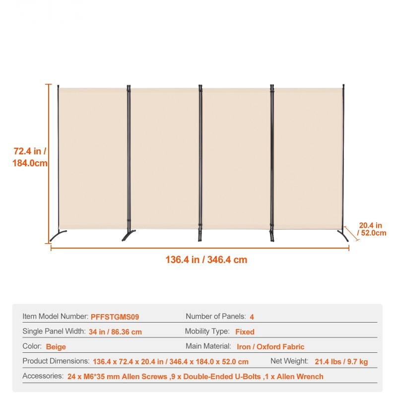 Tilanjakaja 4 paneelia Oxford kangas rautarunko taittuva beige