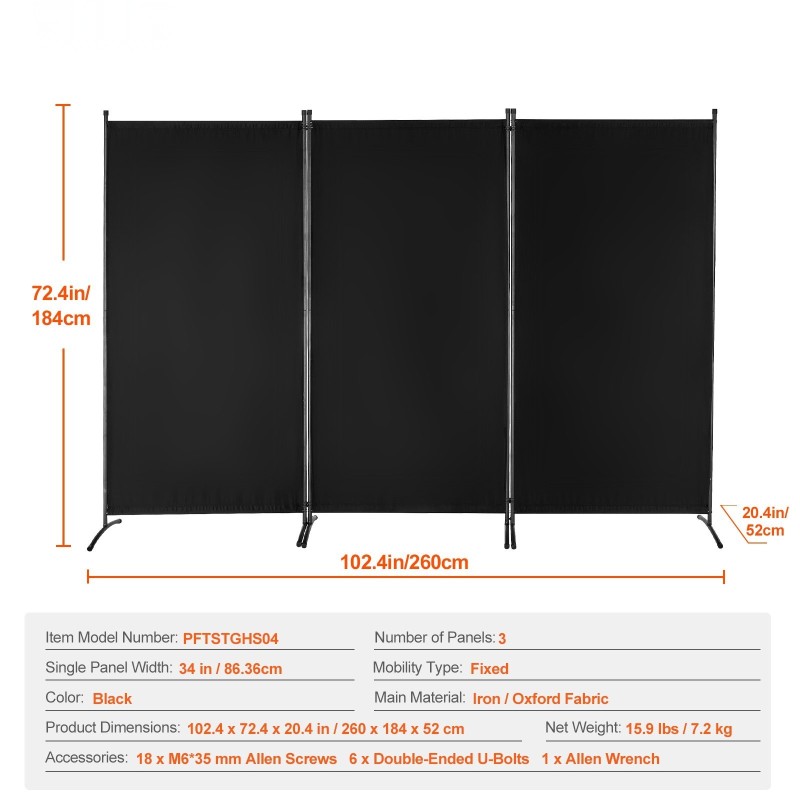 Tilanjakaja 3-paneelinen taitettava rautarunko Oxford-kangas 2600x1840 mm musta