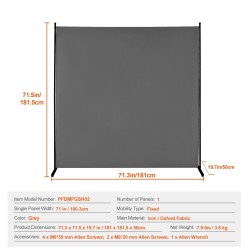 Yhden paneelin huoneenjakaja rautarunko 181 cm korkea harmaa Oxford-kangas
