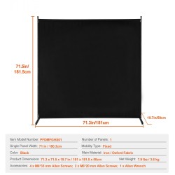 Huoneenjakaja yksiosainen 180 cm leveä musta oksford kangas rautarunko