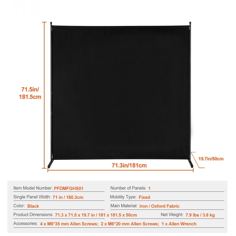 Huoneenjakaja yksiosainen 180 cm leveä musta oksford kangas rautarunko