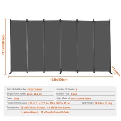 Huoneenjakaja 6-paneelinen taittuva rautarunko Oxford-kangas harmaa 3110x1805x450 mm