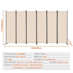 Tilanjakaja 6-paneelinen Oxford-kangas rautarungolla taitettava beige liikuteltava jalustalla
