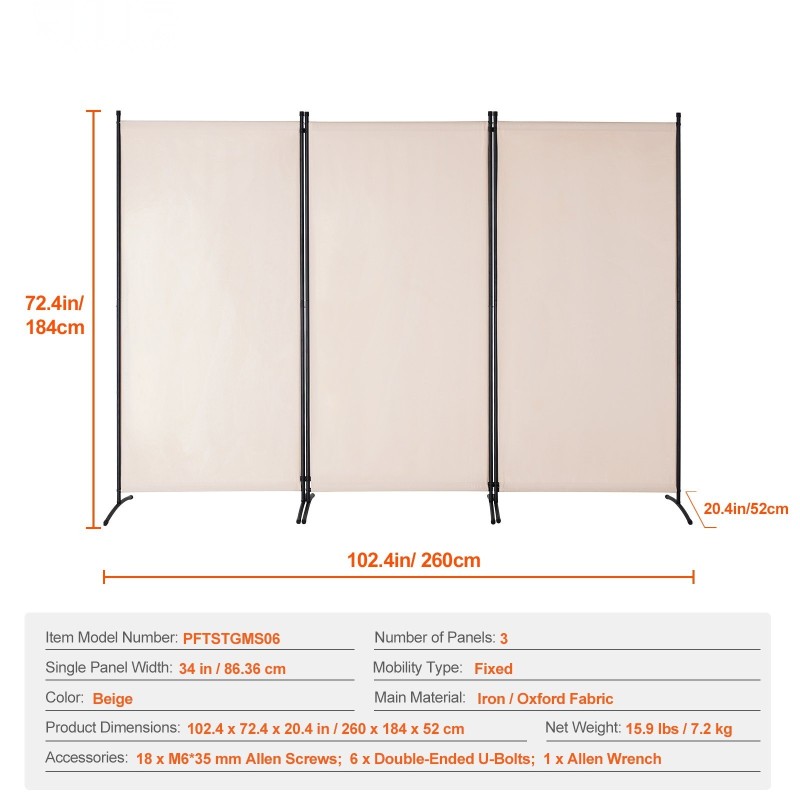 Tilanjakaja rautarunko Oxford-kangas 3 paneelia 2600 x 1840 mm beige