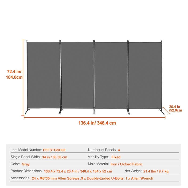 Tilanjakaja nelipaneelinen rautarunko valoa estävä kangas harmaa taitettava