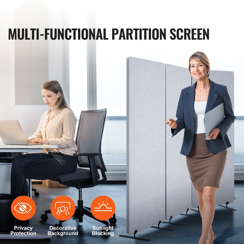 Huoneenjakaja 3-paneelinen PET-äänieristyskangas vaaleanharmaa taittuva 1840 mm