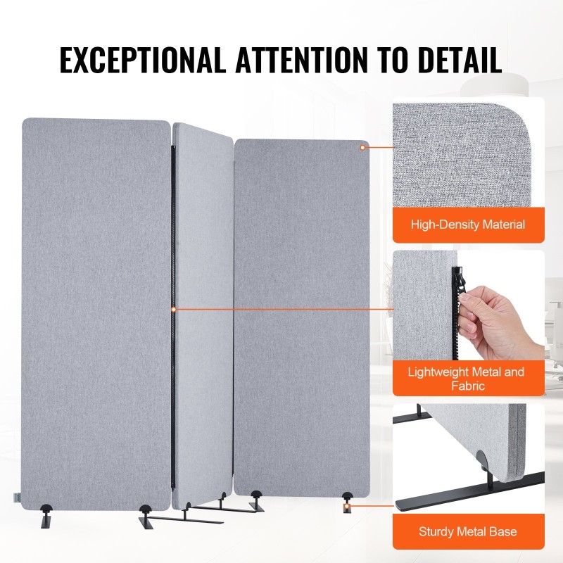 Huoneenjakaja 3-paneelinen PET-äänieristyskangas vaaleanharmaa taittuva 1840 mm