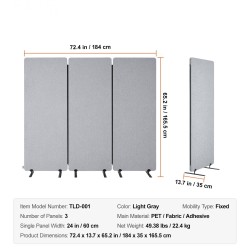 Huoneenjakaja 3-paneelinen PET-äänieristyskangas vaaleanharmaa taittuva 1840 mm