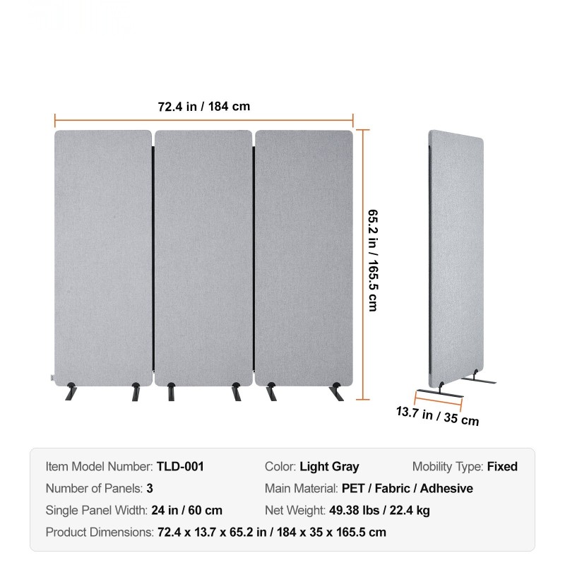 Huoneenjakaja 3-paneelinen PET-äänieristyskangas vaaleanharmaa taittuva 1840 mm