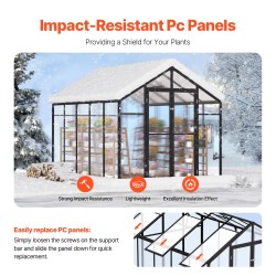 Polykarbonaattikasvihuone alumiinirunkoinen 8 x 10 jalkaa PC-paneelit suuret ovet 2 kattoluukkua