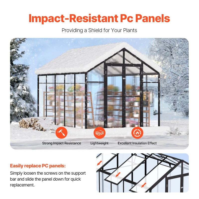 Polykarbonaattikasvihuone alumiinirunkoinen 8 x 10 jalkaa PC-paneelit suuret ovet 2 kattoluukkua