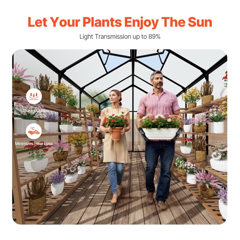 Polykarbonaattikasvihuone alumiinirunkoinen 8 x 10 jalkaa PC-paneelit suuret ovet 2 kattoluukkua