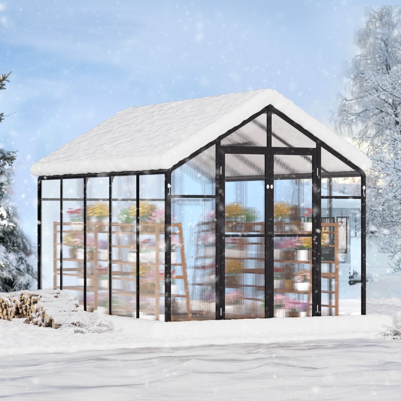 Polykarbonaattikasvihuone alumiinirunkoinen 8 x 10 jalkaa PC-paneelit suuret ovet 2 kattoluukkua
