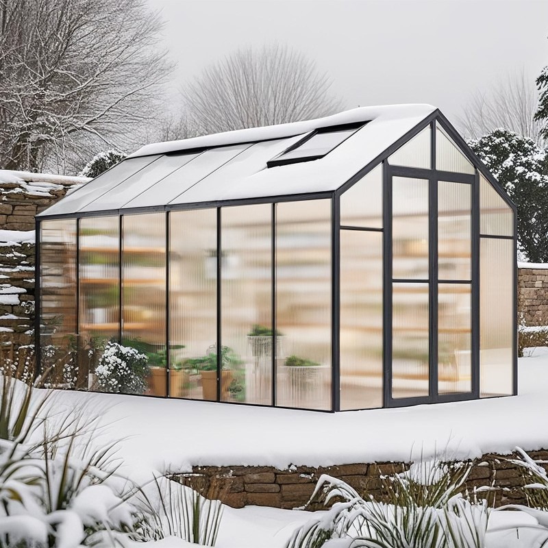 Kasvihuone polykarbonaattinen alumiinirunkoinen 236 x 346 cm avautuva ovi 2 tuuletusikkunaa ulkokäyttöön