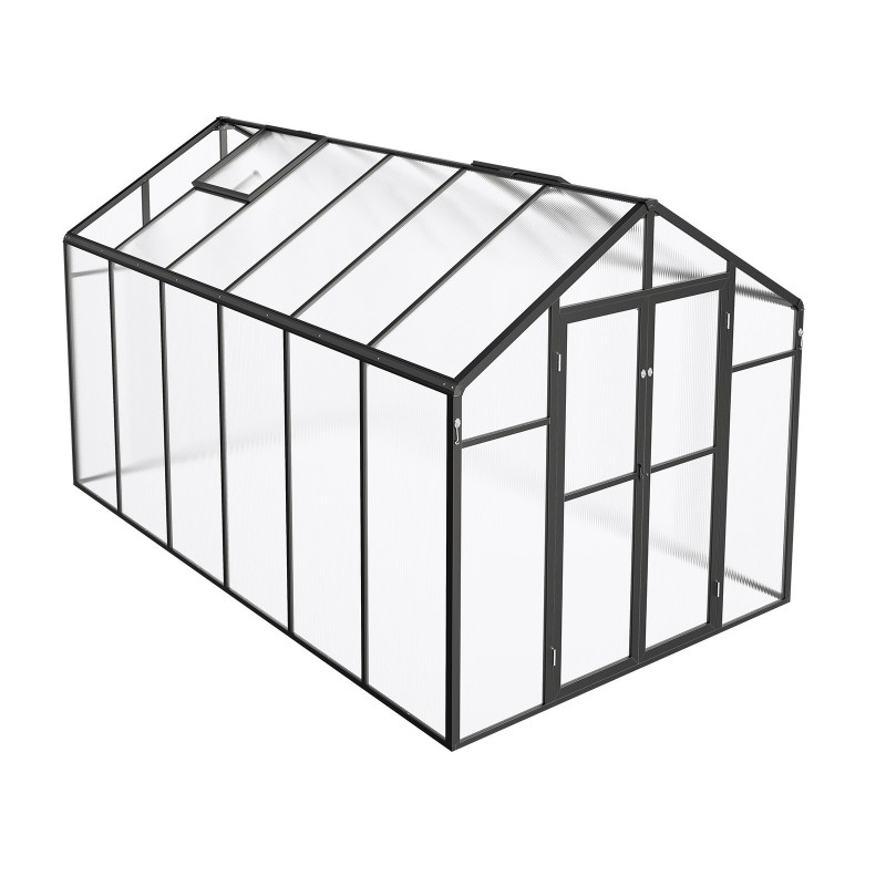 Kasvihuone polykarbonaattinen alumiinirunkoinen 236 x 346 cm avautuva ovi 2 tuuletusikkunaa ulkokäyttöön