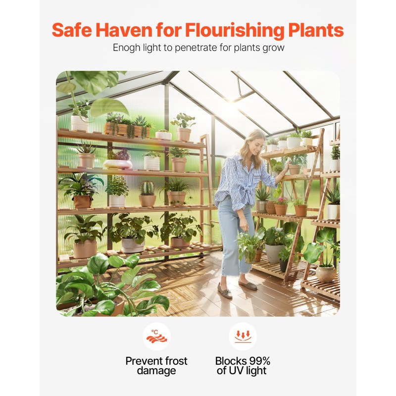 Polykarbonaattikasvihuone 8 x 14 jalkaa alumiinirunkoinen saranoitu ovi 2 säädettävää kattoluukkua