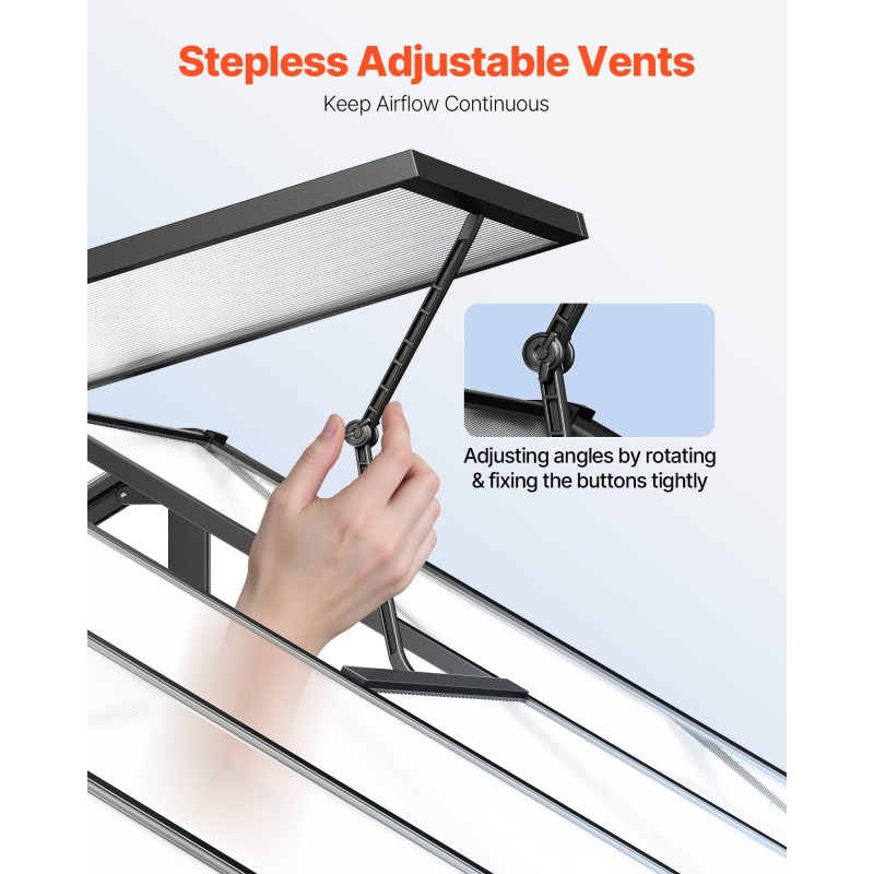 Polykarbonaattikasvihuone 8 x 14 jalkaa alumiinirunkoinen saranoitu ovi 2 säädettävää kattoluukkua