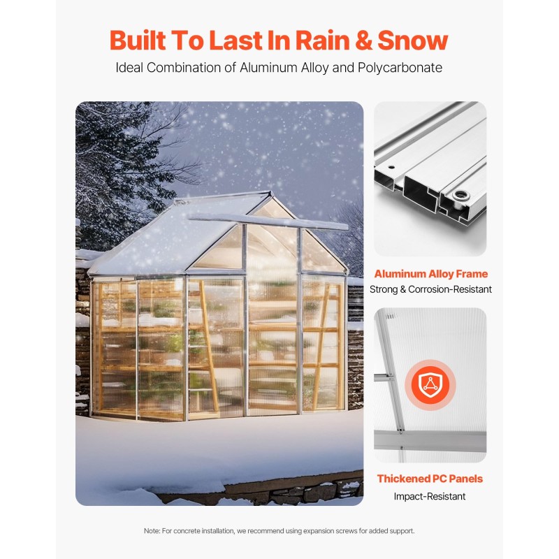 Polykarbonaattikasvihuone alumiinirunkoinen 184 x 126 x 193 cm liukuovella kolmiporttisella kattoluukulla