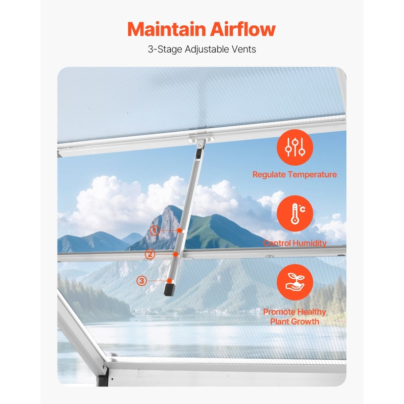 Polykarbonaattikasvihuone alumiinirunkoinen 184 x 126 x 193 cm liukuovella kolmiporttisella kattoluukulla