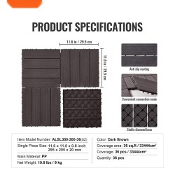 Liitettävät terassilaatat polypropeeni 36 kpl 300×300 mm tummanruskea ulkokäyttöön