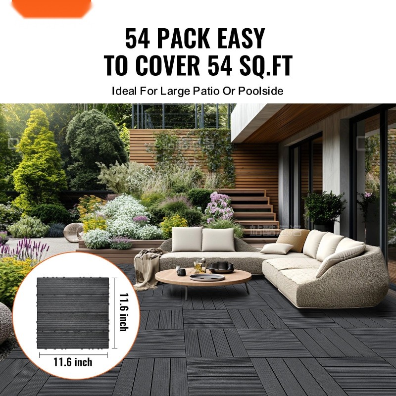 Toisiinsa lukittuvat PP-muoviset terassilaatat 300×300 mm 54 kpl tummanharmaat ulko- ja sisäkäyttöön