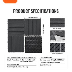 Toisiinsa lukittuvat PP-muoviset terassilaatat 300×300 mm 54 kpl tummanharmaat ulko- ja sisäkäyttöön