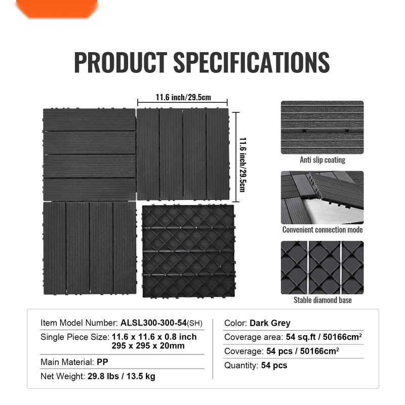Toisiinsa lukittuvat PP-muoviset terassilaatat 300×300 mm 54 kpl tummanharmaat ulko- ja sisäkäyttöön