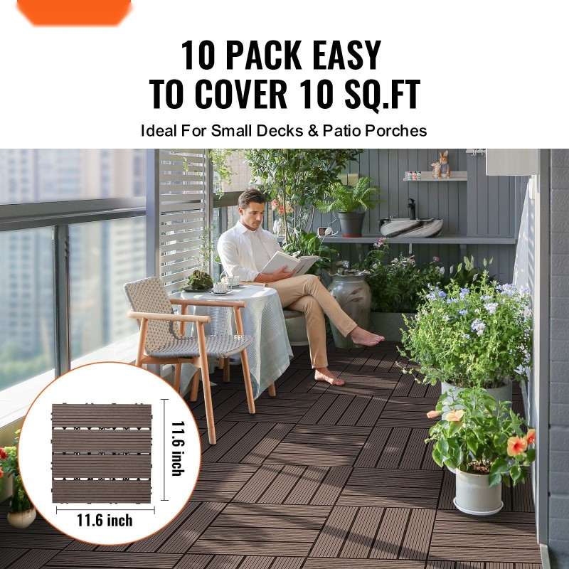 Liitettäviä terassilaattoja komposiitti ja polypropeeni 10 kpl 300x300 mm vedenkestävä tummanruskea