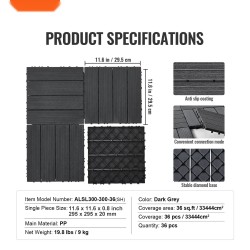 Napsautettavat terassilaatat PP-muoviset 36 kpl 300 x 300 mm tummanharmaa ulkokäyttöön