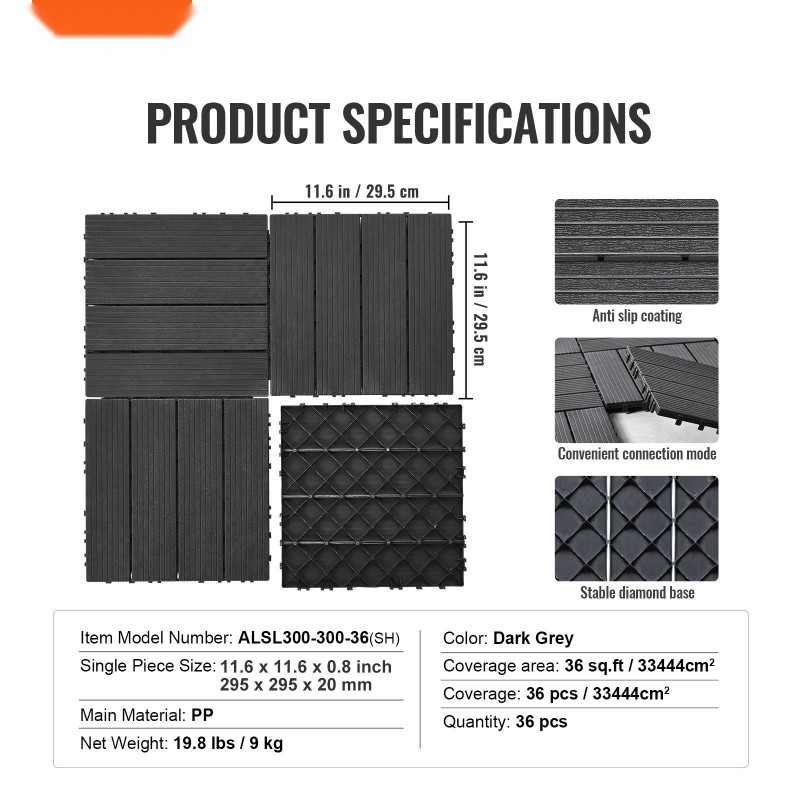 Napsautettavat terassilaatat PP-muoviset 36 kpl 300 x 300 mm tummanharmaa ulkokäyttöön